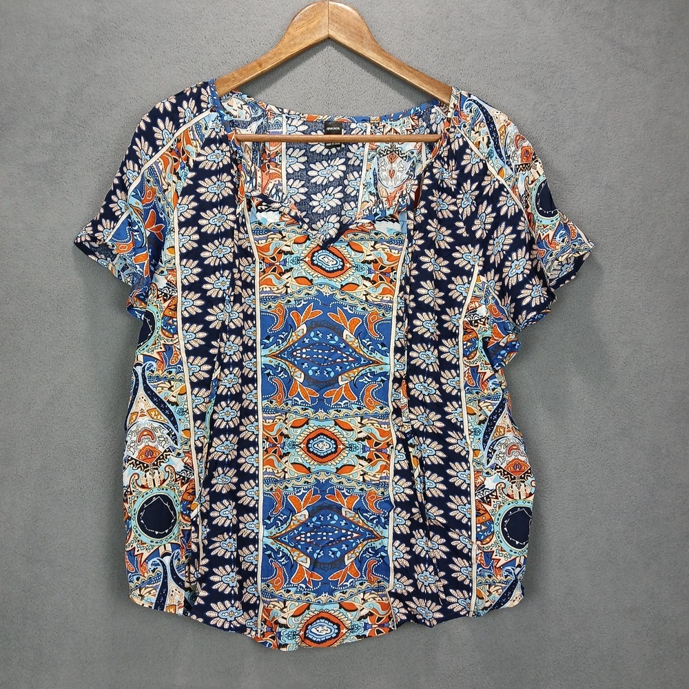 Ranlege Blouse Top Womens Large Multicolor Vibrant Floral Paisley‎ Tie V Neck